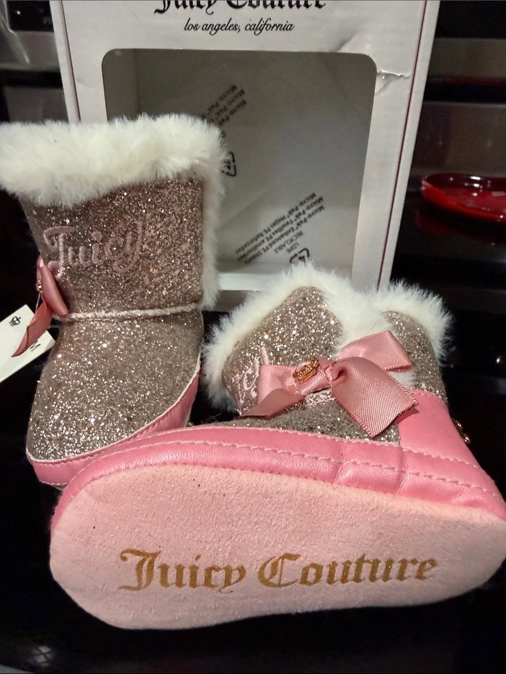 Juicy Couture Pink Glitter Baby Booties with Faux Fur Trim